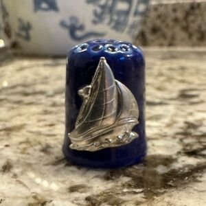 Cobalt Blue Thimble with Sailboat Accent - Ceramic
